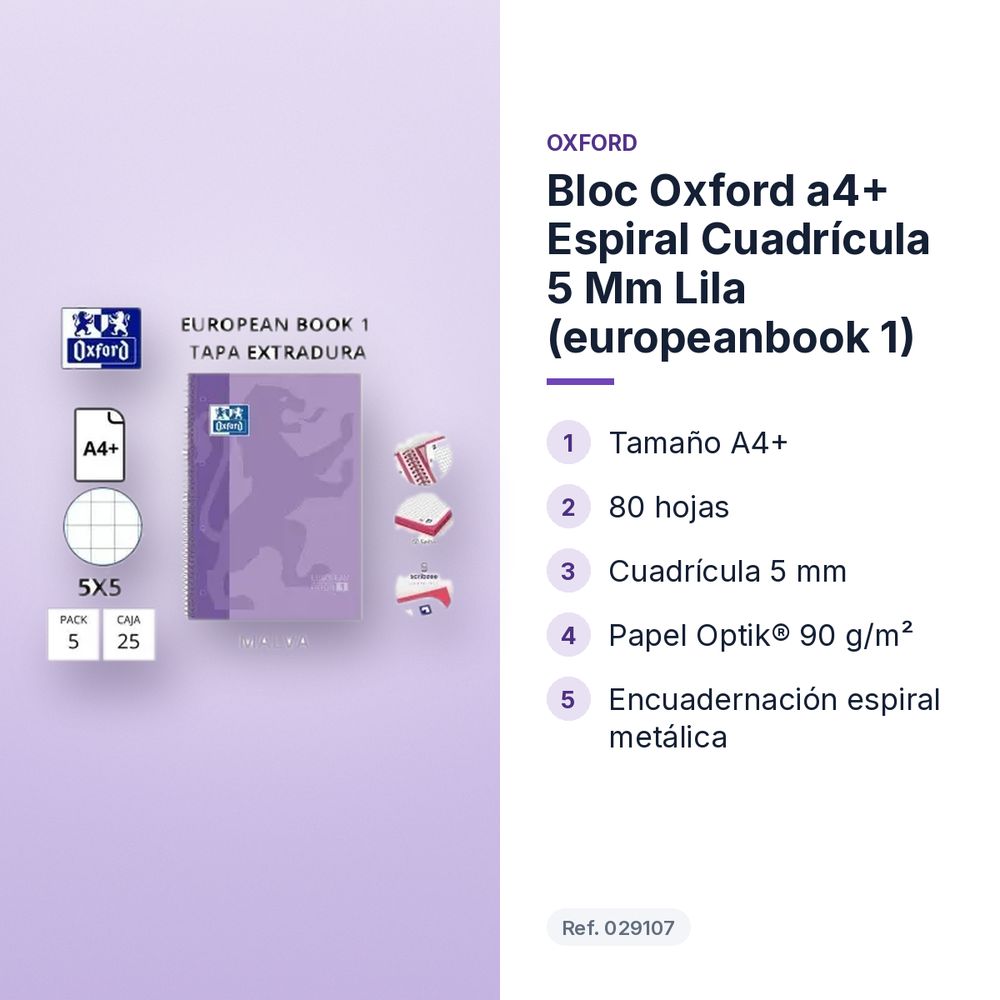 BLOC OXFORD A4+ ESPIRAL CUADRÍCULA 5 MM LILA (EUROPEANBOOK 1)  - características principales