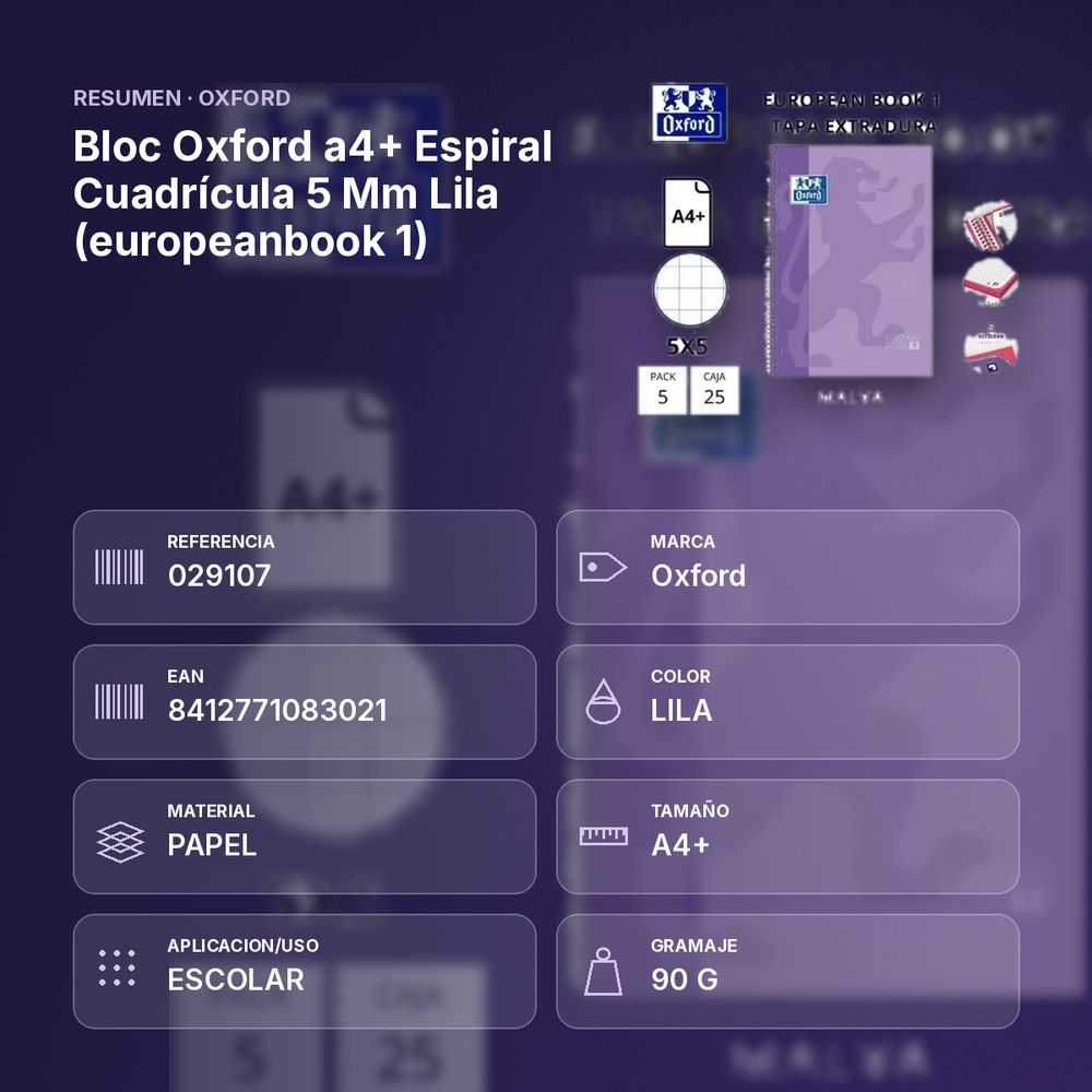 BLOC OXFORD A4+ ESPIRAL CUADRÍCULA 5 MM LILA (EUROPEANBOOK 1)  - resumen de atributos