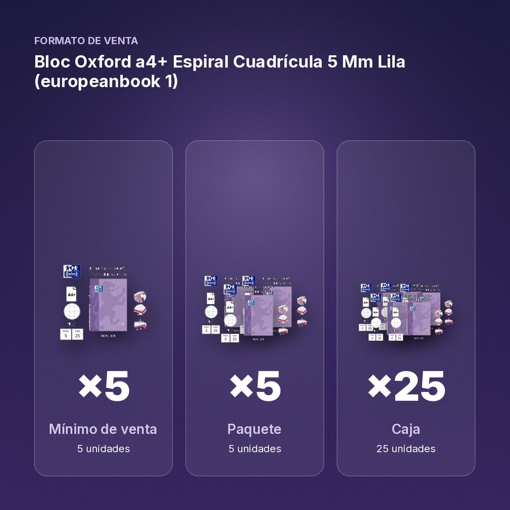 BLOC OXFORD A4+ ESPIRAL CUADRÍCULA 5 MM LILA (EUROPEANBOOK 1)  - formato de venta: paquete de 5, caja de 25, palé de 600