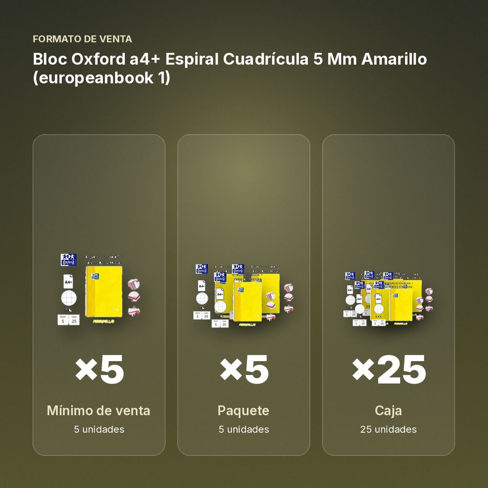 BLOC OXFORD A4+ ESPIRAL CUADRÍCULA 5 MM AMARILLO (EUROPEANBOOK 1)  - formato de venta: paquete de 5, caja de 25, palé de 600