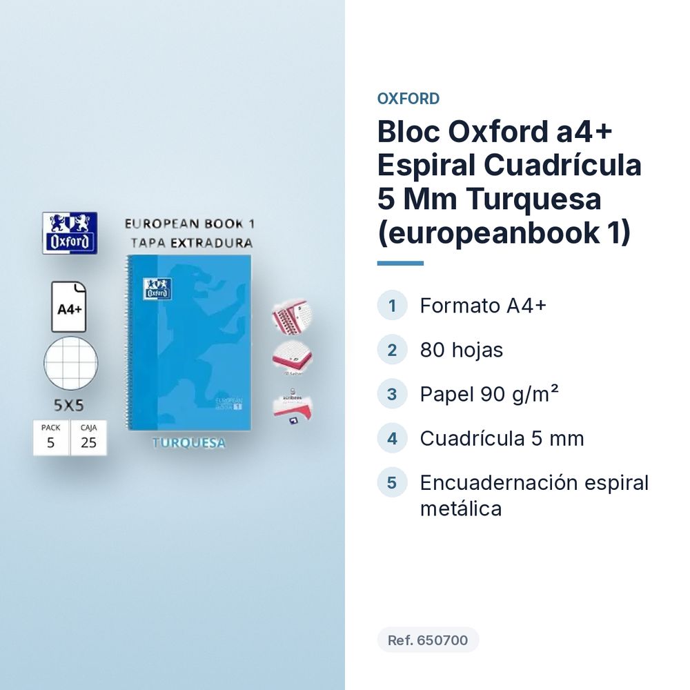 BLOC OXFORD A4+ ESPIRAL CUADRÍCULA 5 MM TURQUESA (EUROPEANBOOK 1)  - características principales