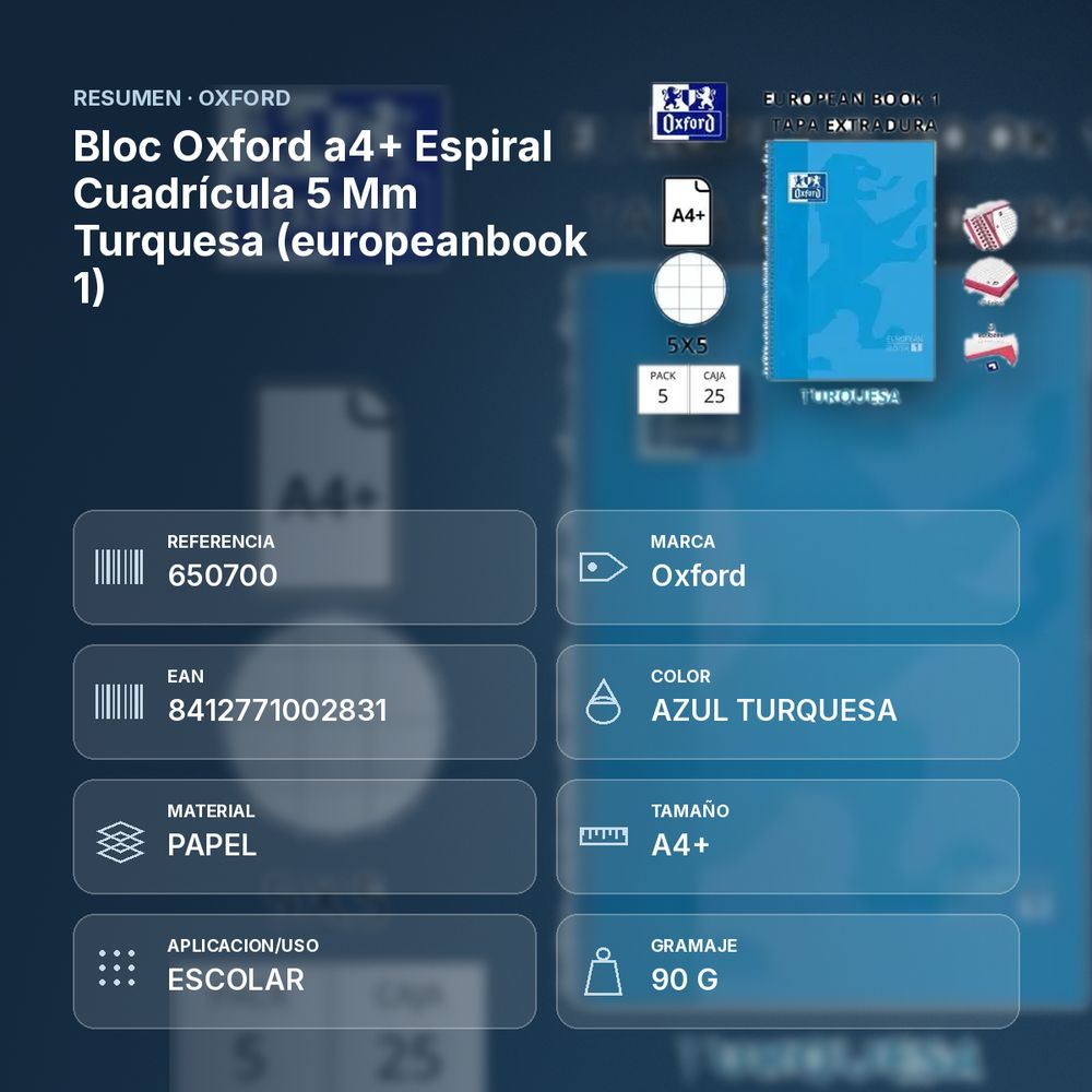 BLOC OXFORD A4+ ESPIRAL CUADRÍCULA 5 MM TURQUESA (EUROPEANBOOK 1)  - resumen de atributos
