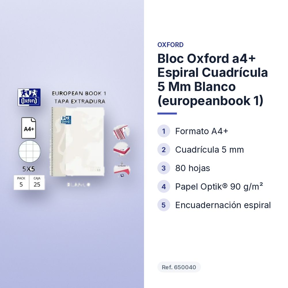 BLOC OXFORD A4+ ESPIRAL CUADRÍCULA 5 MM BLANCO (EUROPEANBOOK 1)  - características principales