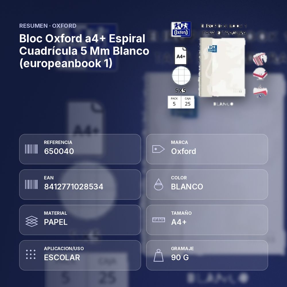 BLOC OXFORD A4+ ESPIRAL CUADRÍCULA 5 MM BLANCO (EUROPEANBOOK 1)  - resumen de atributos