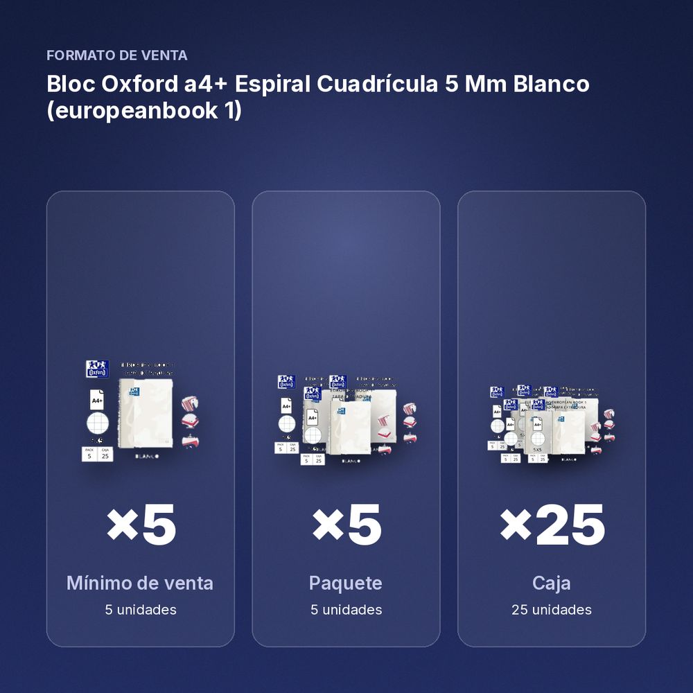 BLOC OXFORD A4+ ESPIRAL CUADRÍCULA 5 MM BLANCO (EUROPEANBOOK 1)  - formato de venta: paquete de 5, caja de 25, palé de 600