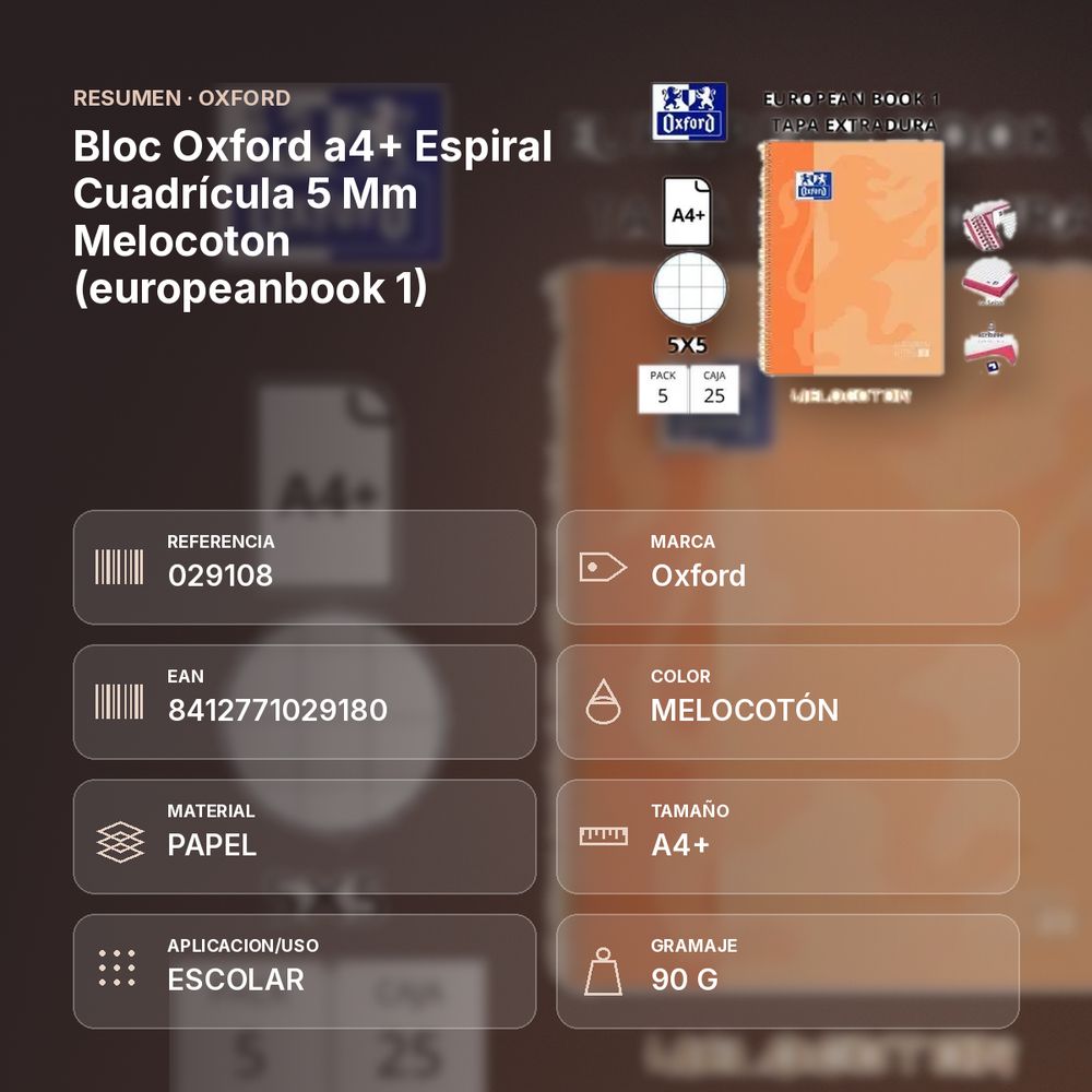 BLOC OXFORD A4+ ESPIRAL CUADRÍCULA 5 MM MELOCOTON (EUROPEANBOOK 1)  - resumen de atributos