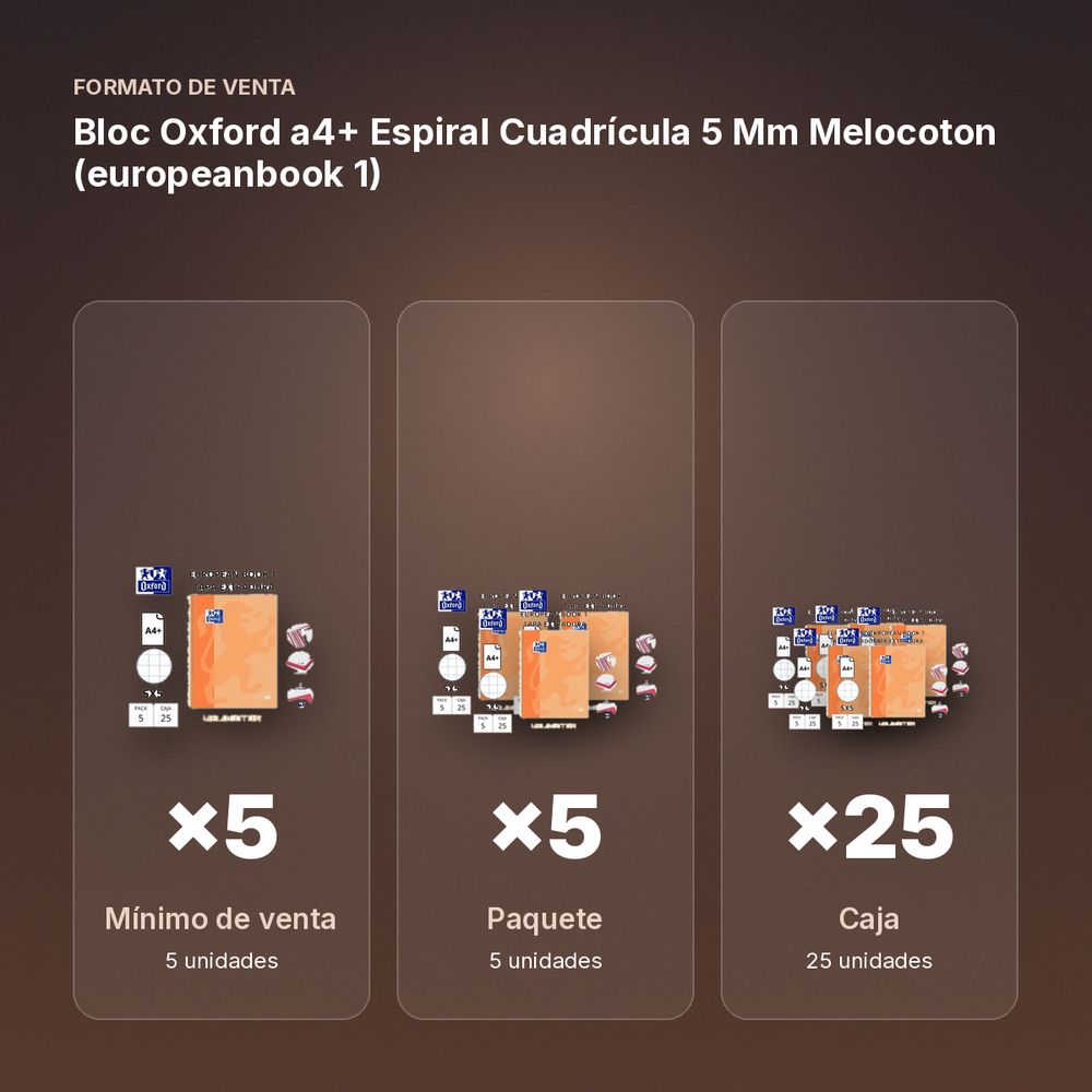 BLOC OXFORD A4+ ESPIRAL CUADRÍCULA 5 MM MELOCOTON (EUROPEANBOOK 1)  - formato de venta: paquete de 5, caja de 25, palé de 600