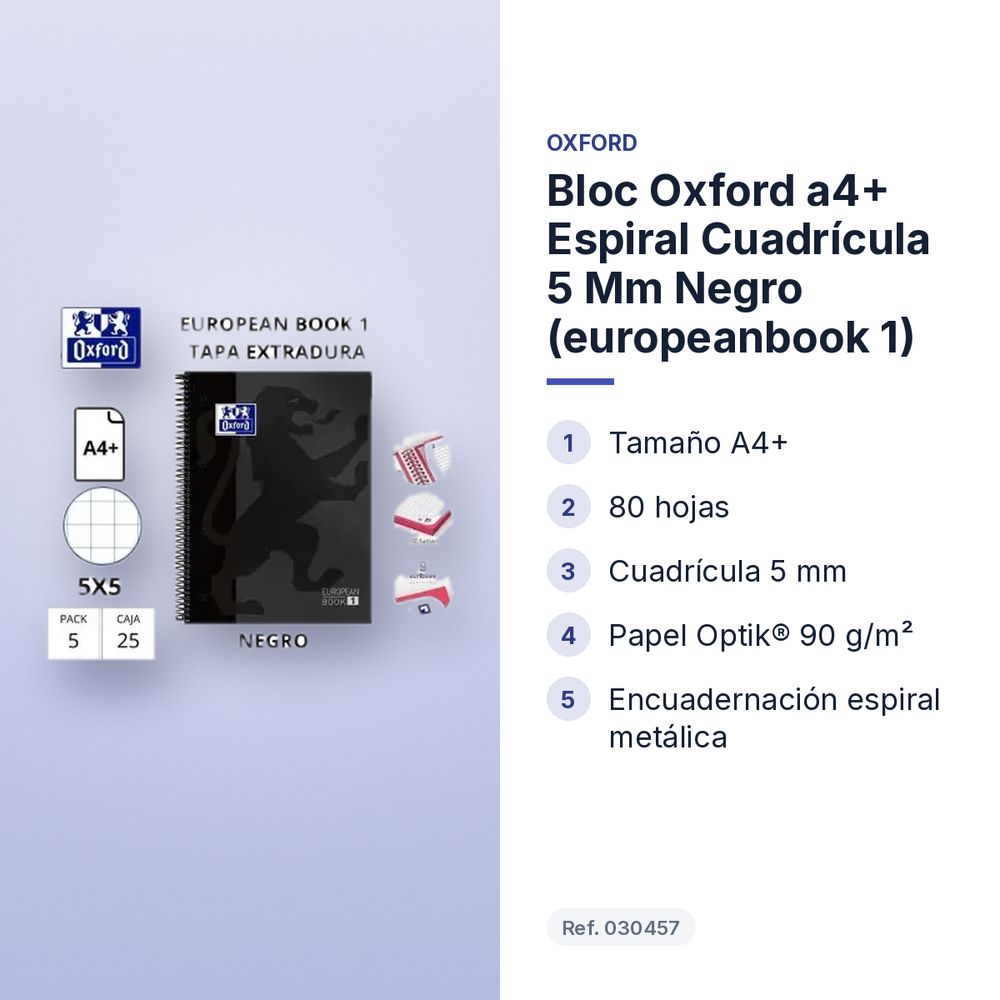BLOC OXFORD A4+ ESPIRAL CUADRÍCULA 5 MM NEGRO (EUROPEANBOOK 1)  - características principales