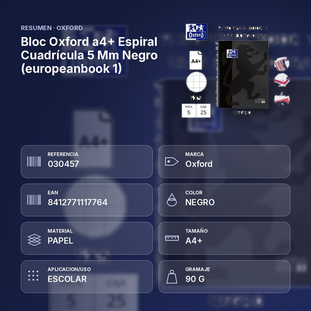 BLOC OXFORD A4+ ESPIRAL CUADRÍCULA 5 MM NEGRO (EUROPEANBOOK 1)  - resumen de atributos