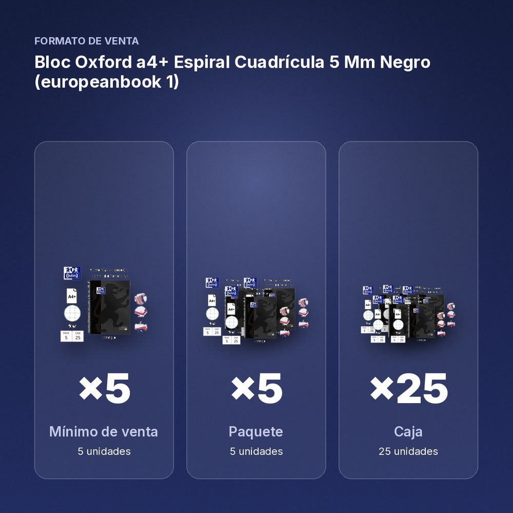 BLOC OXFORD A4+ ESPIRAL CUADRÍCULA 5 MM NEGRO (EUROPEANBOOK 1)  - formato de venta: paquete de 5, caja de 25, palé de 600