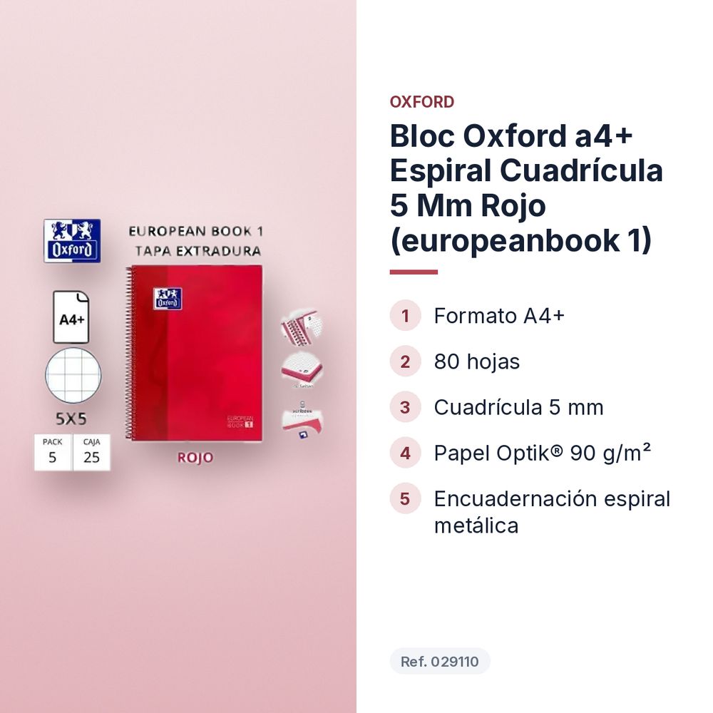 BLOC OXFORD A4+ ESPIRAL CUADRÍCULA 5 MM ROJO (EUROPEANBOOK 1)  - características principales