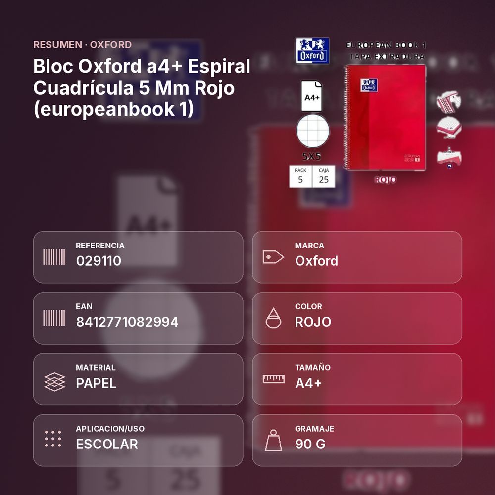 BLOC OXFORD A4+ ESPIRAL CUADRÍCULA 5 MM ROJO (EUROPEANBOOK 1)  - resumen de atributos