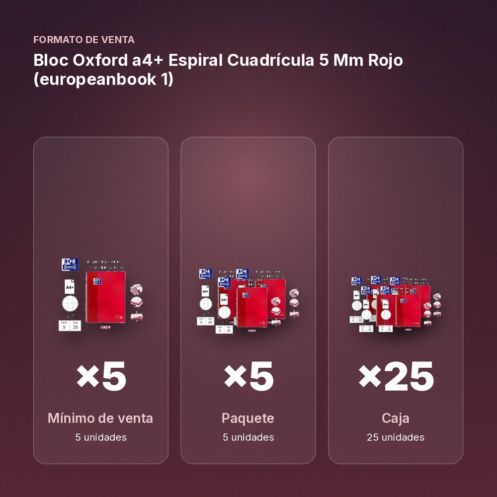 BLOC OXFORD A4+ ESPIRAL CUADRÍCULA 5 MM ROJO (EUROPEANBOOK 1)  - formato de venta: paquete de 5, caja de 25, palé de 600