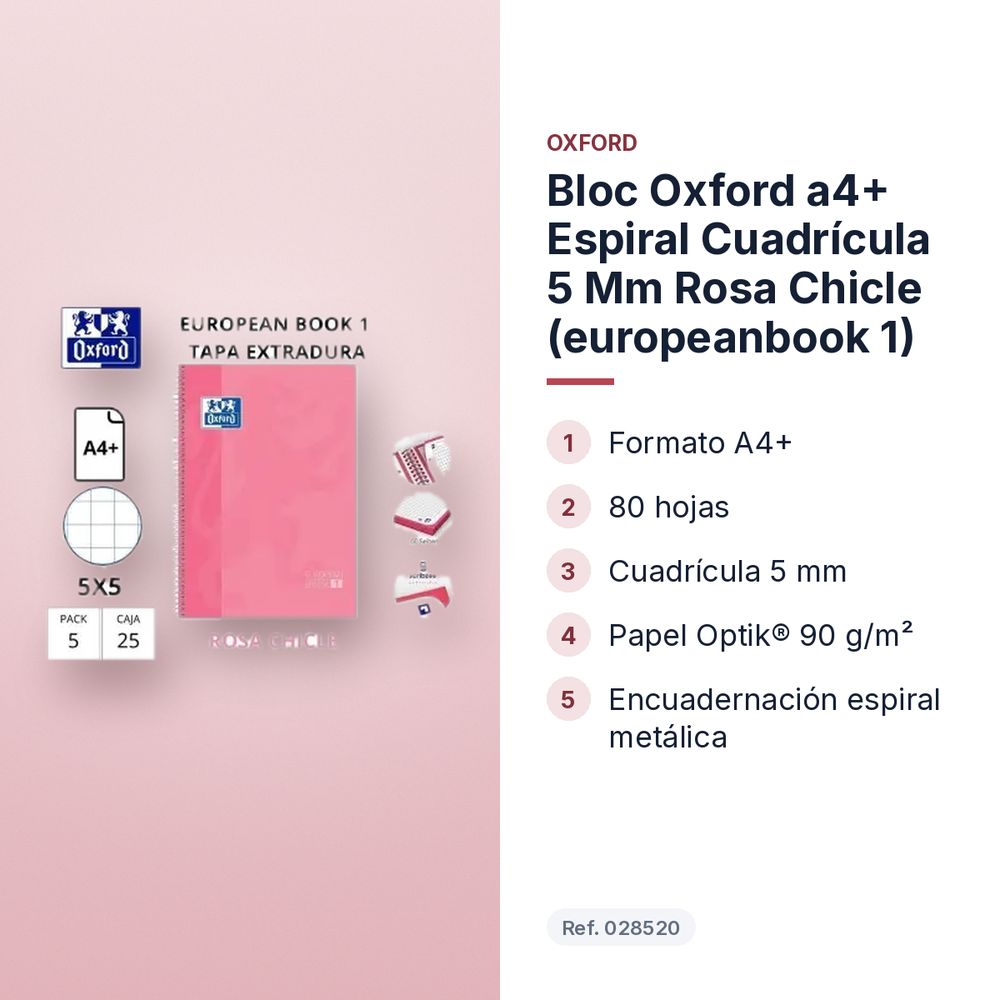 BLOC OXFORD A4+ ESPIRAL CUADRÍCULA 5 MM ROSA CHICLE (EUROPEANBOOK 1)  - características principales