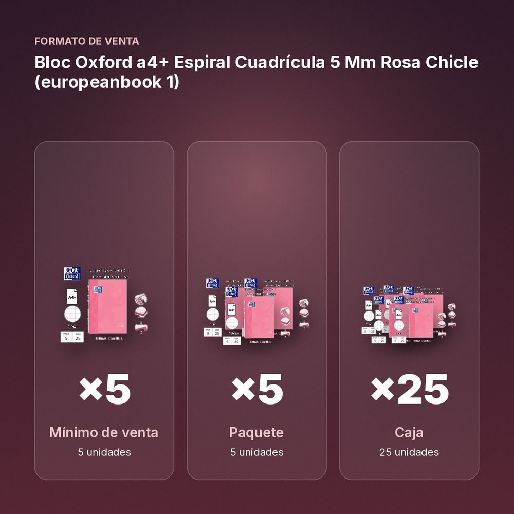 BLOC OXFORD A4+ ESPIRAL CUADRÍCULA 5 MM ROSA CHICLE (EUROPEANBOOK 1)  - formato de venta: paquete de 5, caja de 25, palé de 600