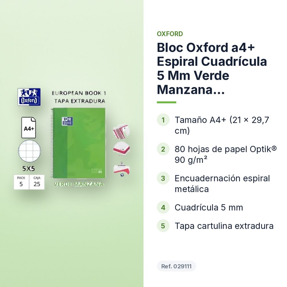 BLOC OXFORD A4+ ESPIRAL CUADRÍCULA 5 MM VERDE MANZANA (EUROPEANBOOK 1)  - características principales