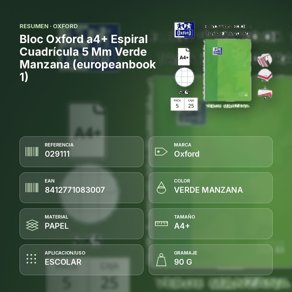 BLOC OXFORD A4+ ESPIRAL CUADRÍCULA 5 MM VERDE MANZANA (EUROPEANBOOK 1)  - resumen de atributos