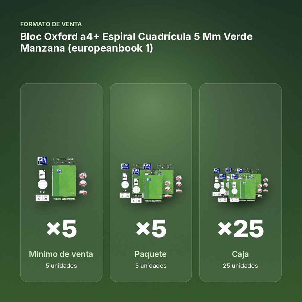 BLOC OXFORD A4+ ESPIRAL CUADRÍCULA 5 MM VERDE MANZANA (EUROPEANBOOK 1)  - formato de venta: paquete de 5, caja de 25, palé de 600