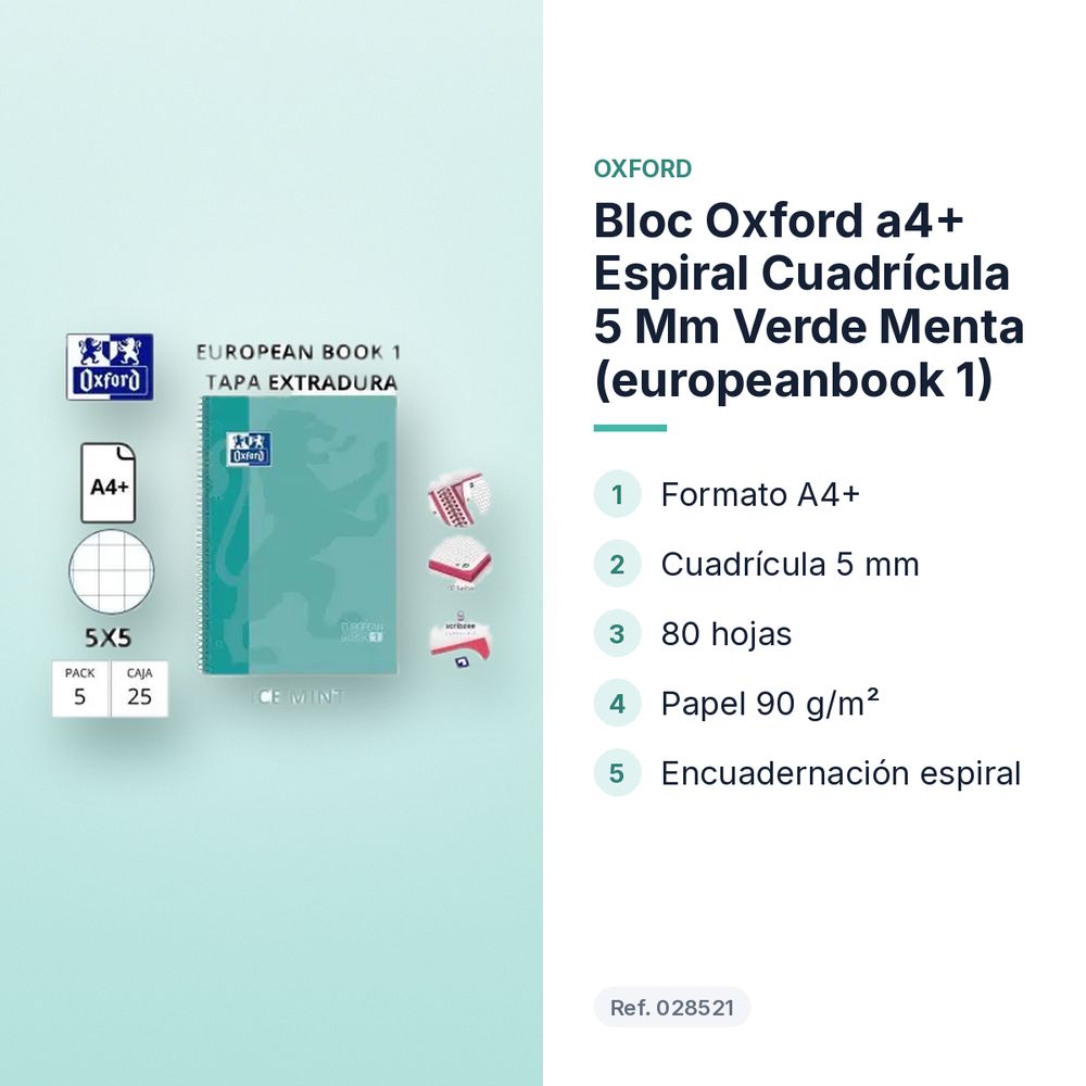 BLOC OXFORD A4+ ESPIRAL CUADRÍCULA 5 MM VERDE MENTA (EUROPEANBOOK 1)  - características principales
