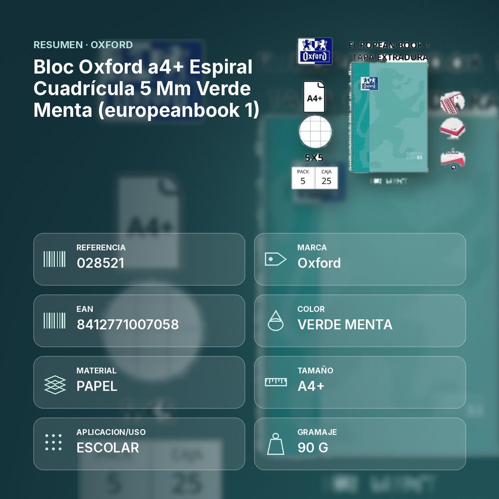 BLOC OXFORD A4+ ESPIRAL CUADRÍCULA 5 MM VERDE MENTA (EUROPEANBOOK 1)  - resumen de atributos