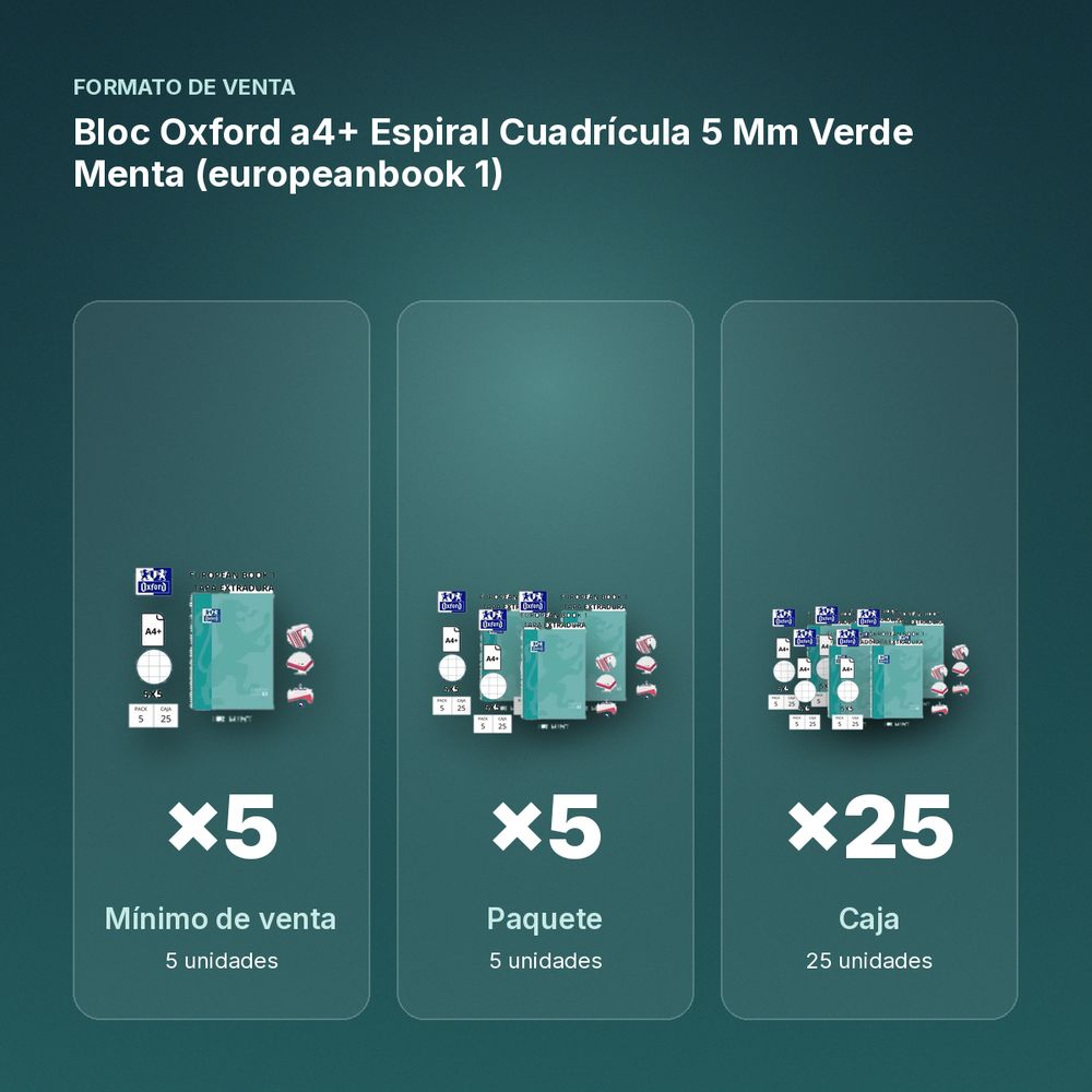 BLOC OXFORD A4+ ESPIRAL CUADRÍCULA 5 MM VERDE MENTA (EUROPEANBOOK 1)  - formato de venta: paquete de 5, caja de 25, palé de 600