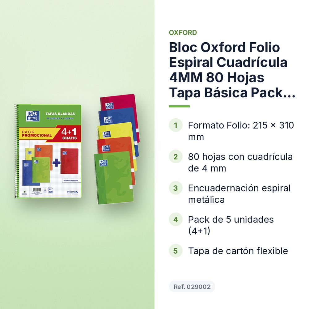 BLOC OXFORD FOLIO ESPIRAL CUADRÍCULA 4MM 80 HOJAS TAPA BÁSICA PACK 4+1 - características principales