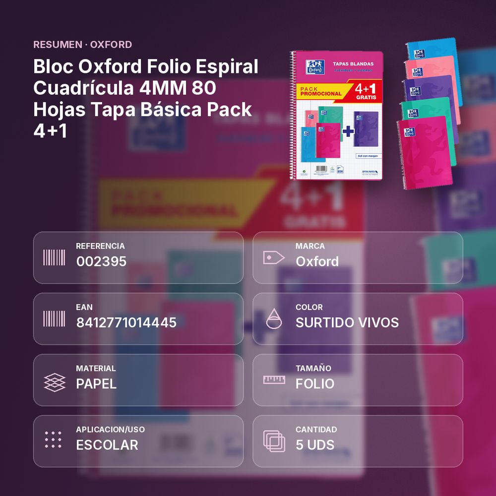 BLOC OXFORD FOLIO ESPIRAL CUADRÍCULA 4MM 80 HOJAS TAPA BÁSICA PACK 4+1 - resumen de atributos