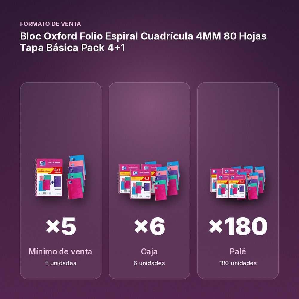 BLOC OXFORD FOLIO ESPIRAL CUADRÍCULA 4MM 80 HOJAS TAPA BÁSICA PACK 4+1 - formato de venta: caja de 6, palé de 180
