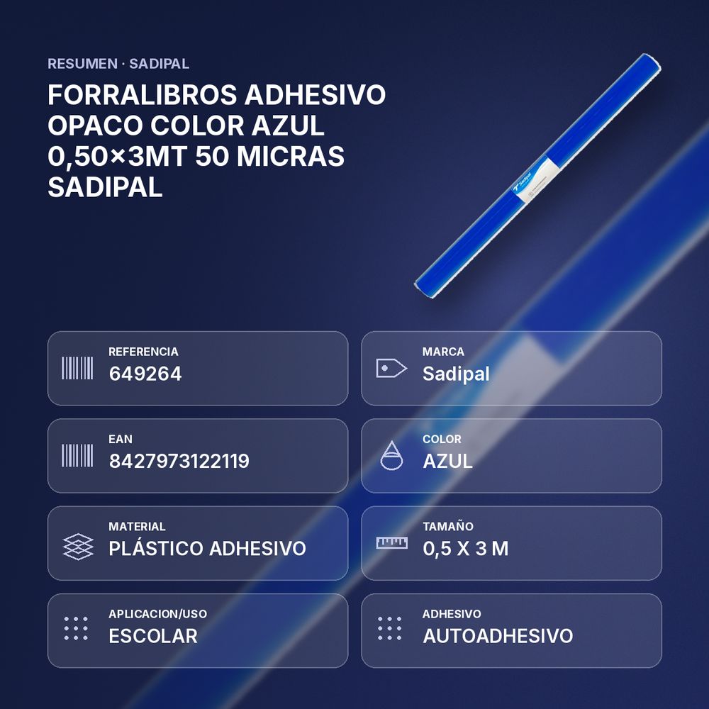 FORRALIBROS ADHESIVO OPACO COLOR AZUL 0,50x3MT 50 MICRAS SADIPAL - resumen de atributos