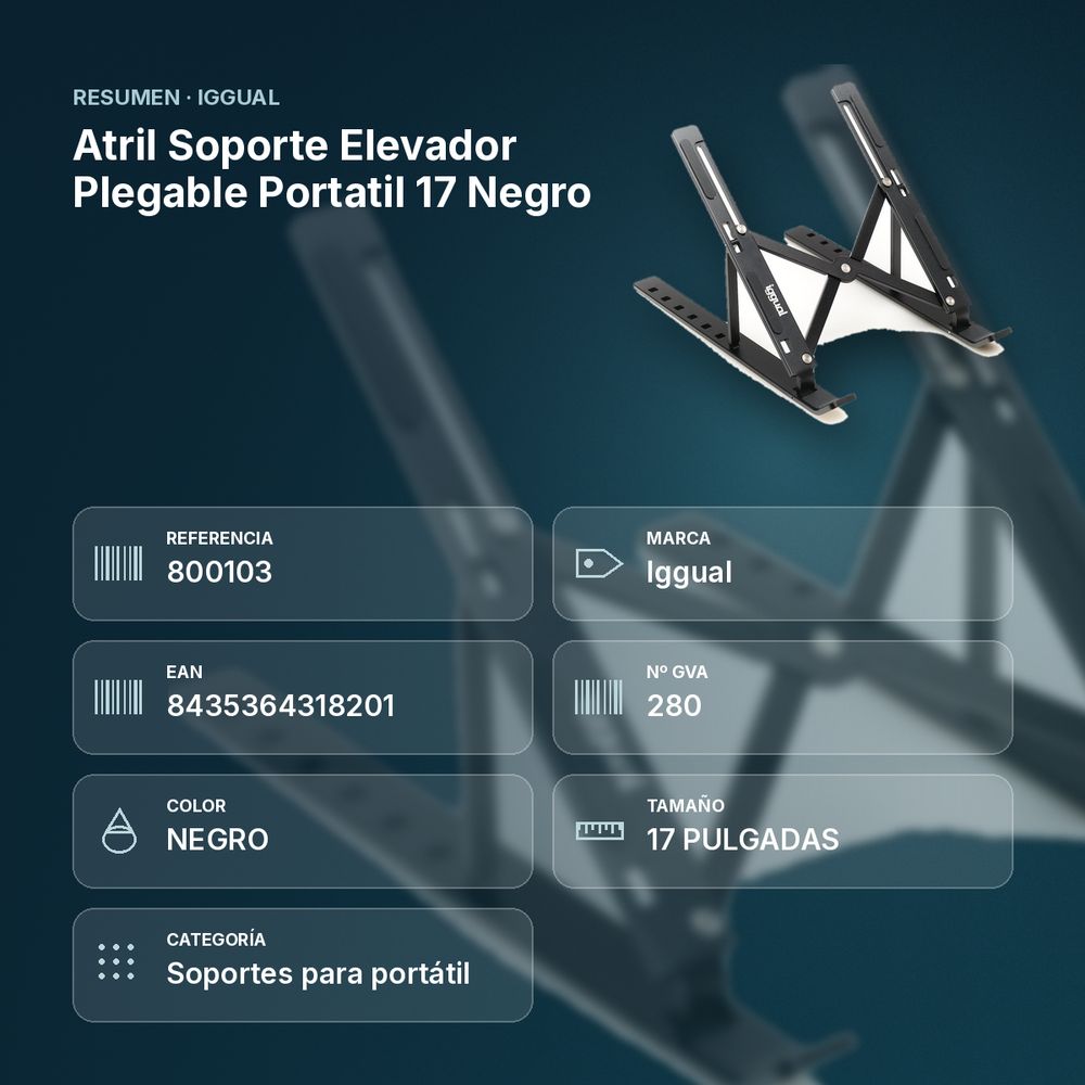 ATRIL SOPORTE ELEVADOR PLEGABLE PORTATIL 17 NEGRO - resumen de atributos