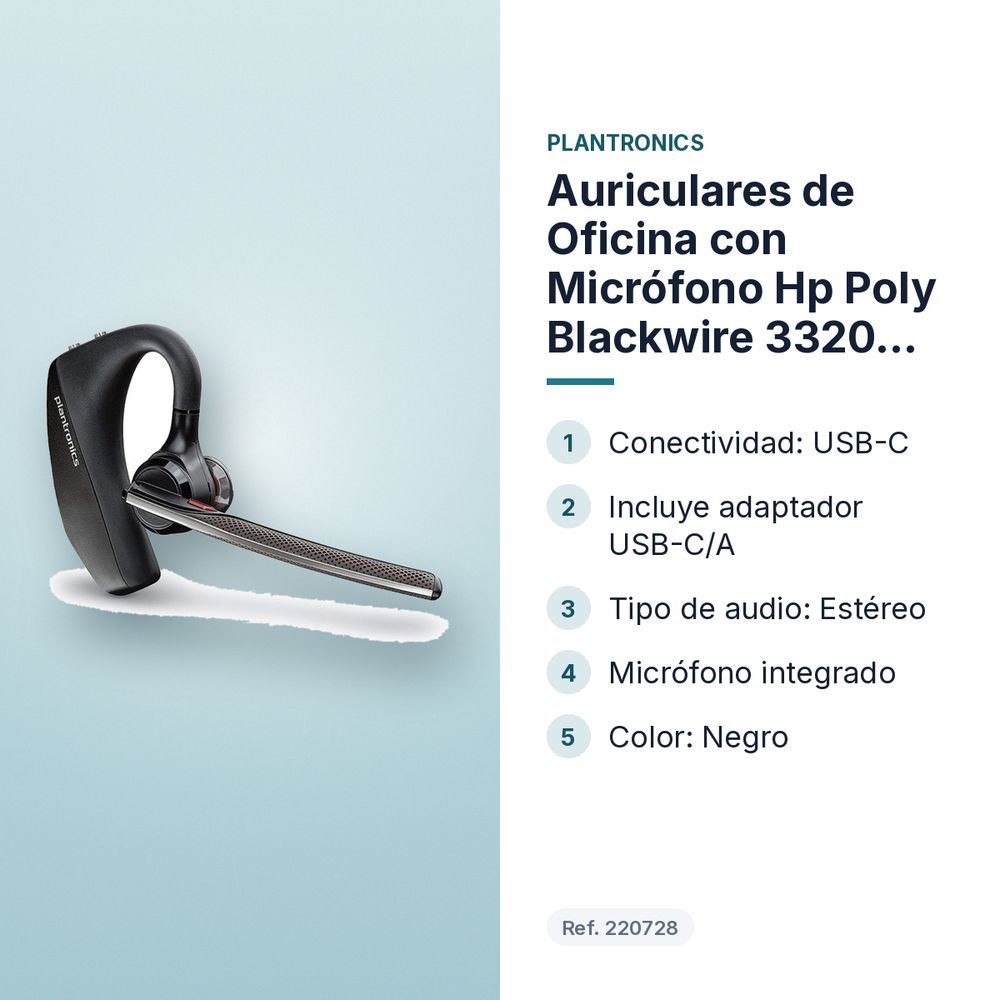 AURICULARES DE OFICINA CON MICRÓFONO HP POLY BLACKWIRE 3320 STEREO USB-C + ADAPTADOR USB-C/A – - características principales