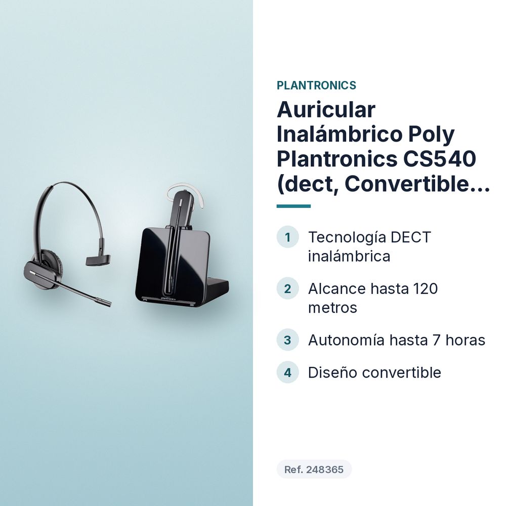 AURICULAR INALÁMBRICO POLY PLANTRONICS CS540 (DECT, CONVERTIBLE, 120 M, 7 H) - características principales