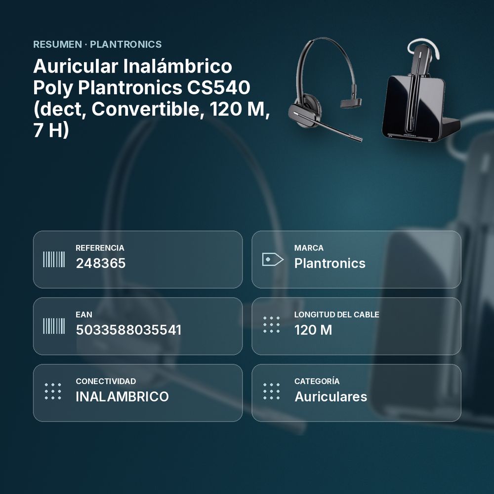 AURICULAR INALÁMBRICO POLY PLANTRONICS CS540 (DECT, CONVERTIBLE, 120 M, 7 H) - resumen de atributos