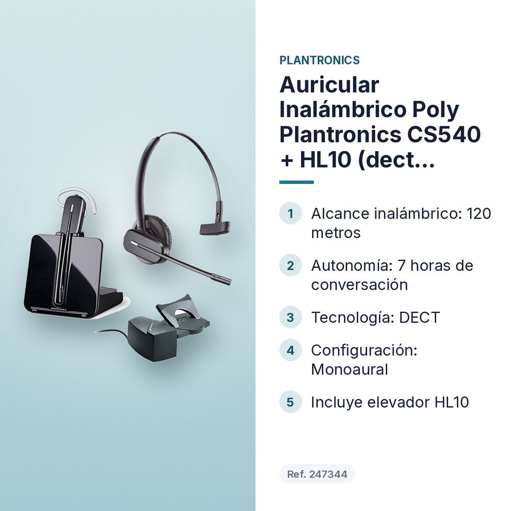 AURICULAR INALÁMBRICO POLY PLANTRONICS CS540 + HL10 (DECT, MONOAURAL, 120 M, 7 H) - características principales