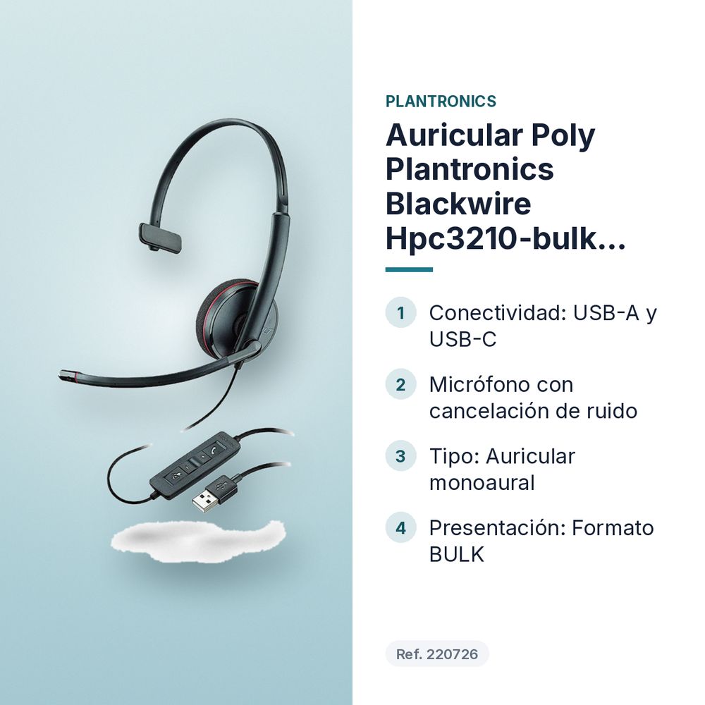 AURICULAR POLY PLANTRONICS BLACKWIRE HPC3210-BULK USB-A/C BULK - características principales