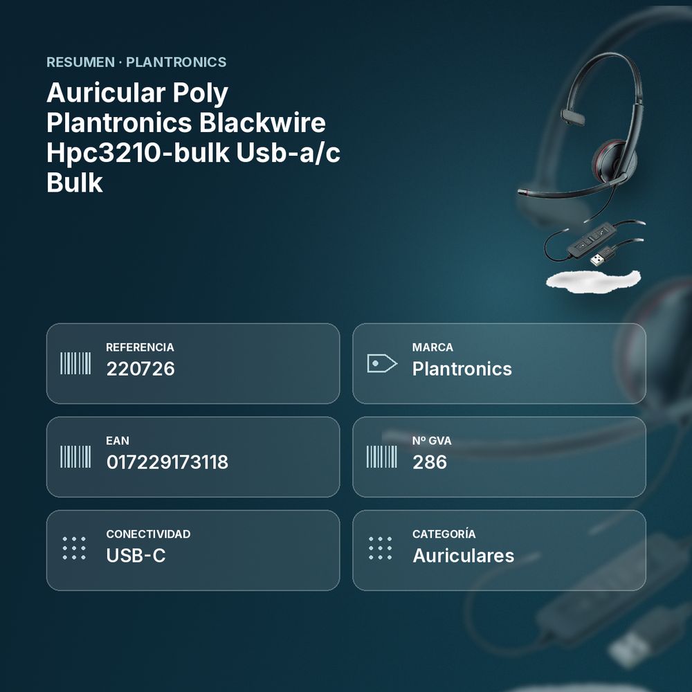 AURICULAR POLY PLANTRONICS BLACKWIRE HPC3210-BULK USB-A/C BULK - resumen de atributos