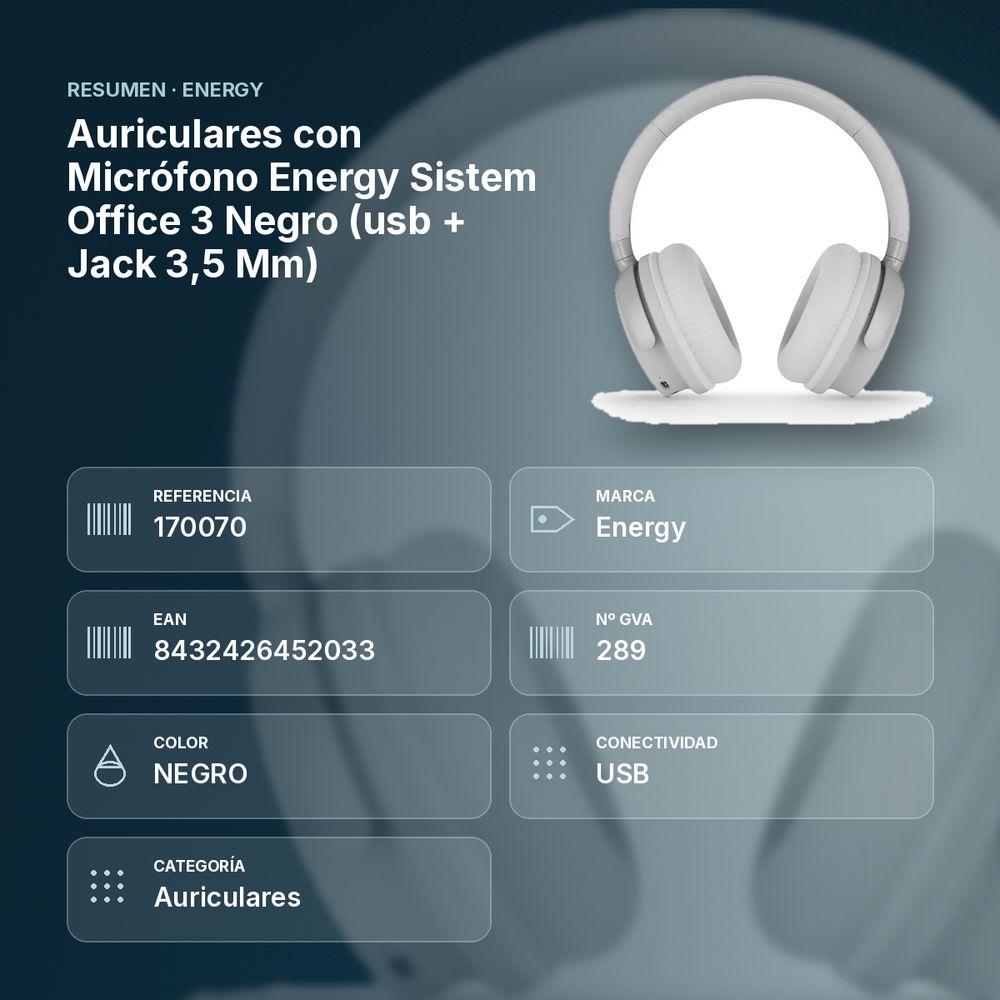 AURICULARES CON MICRÓFONO ENERGY SISTEM OFFICE 3 NEGRO (USB + JACK 3,5 MM) - resumen de atributos