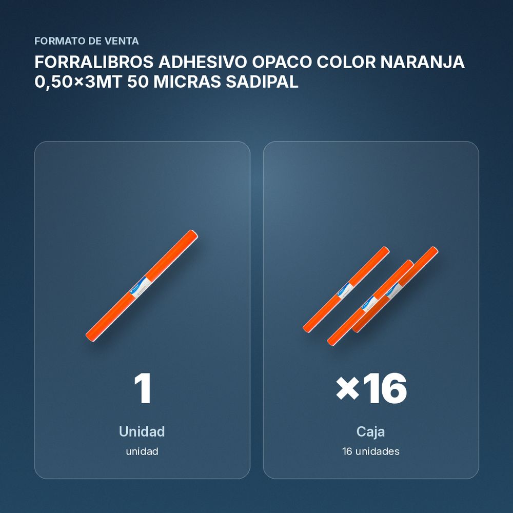 FORRALIBROS ADHESIVO OPACO COLOR NARANJA 0,50x3MT 50 MICRAS SADIPAL - formato de venta: caja de 16