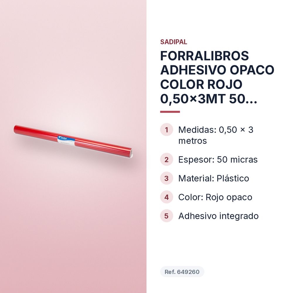 FORRALIBROS ADHESIVO OPACO COLOR ROJO 0,50x3MT 50 MICRAS SADIPAL - características principales