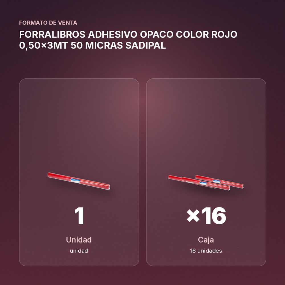 FORRALIBROS ADHESIVO OPACO COLOR ROJO 0,50x3MT 50 MICRAS SADIPAL - formato de venta: caja de 16