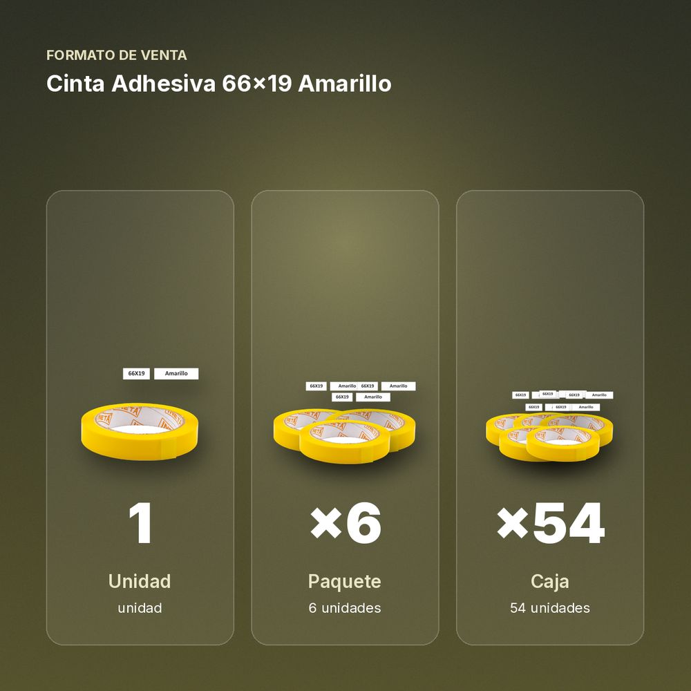 CINTA ADHESIVA 66X19 AMARILLO - formato de venta: paquete de 6, caja de 54