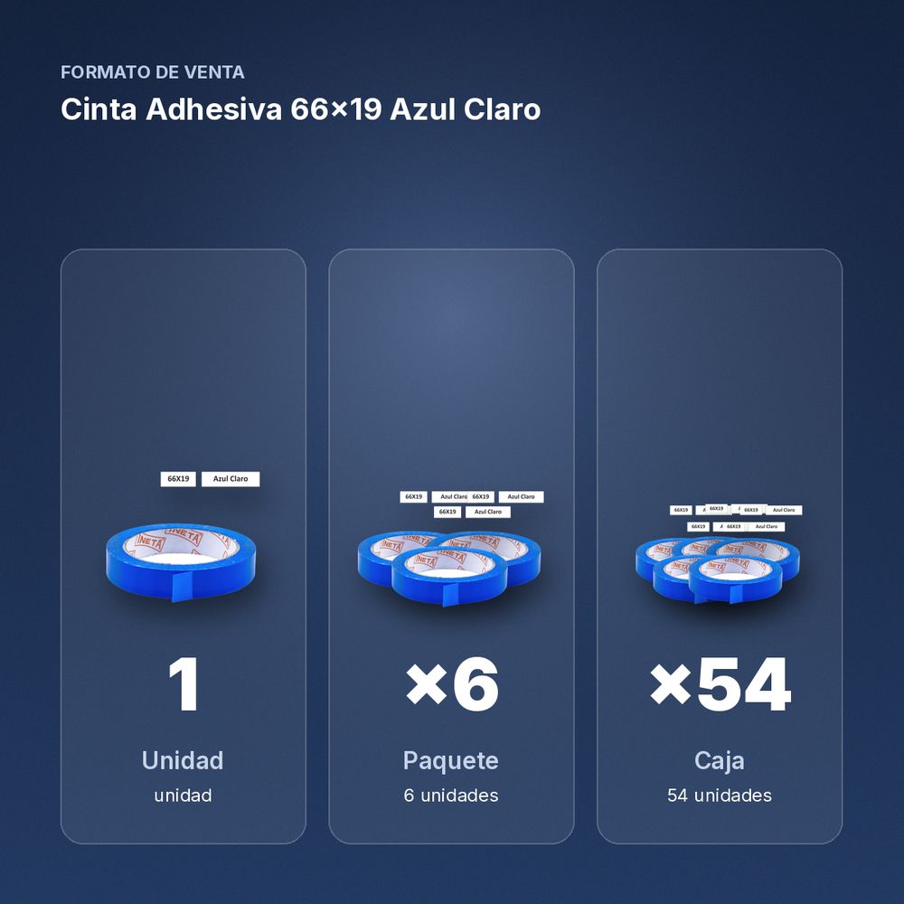 CINTA ADHESIVA 66X19 AZUL CLARO - formato de venta: paquete de 6, caja de 54