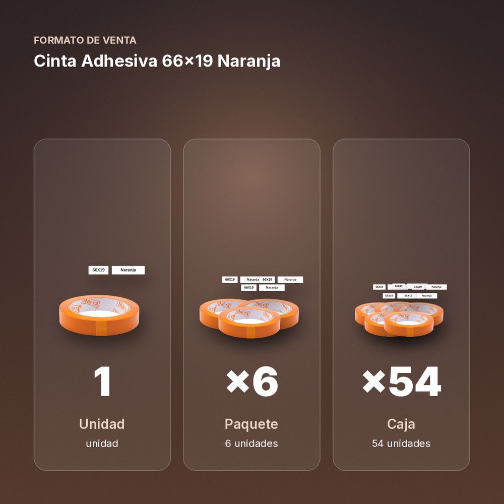 CINTA ADHESIVA 66X19 NARANJA - formato de venta: paquete de 6, caja de 54