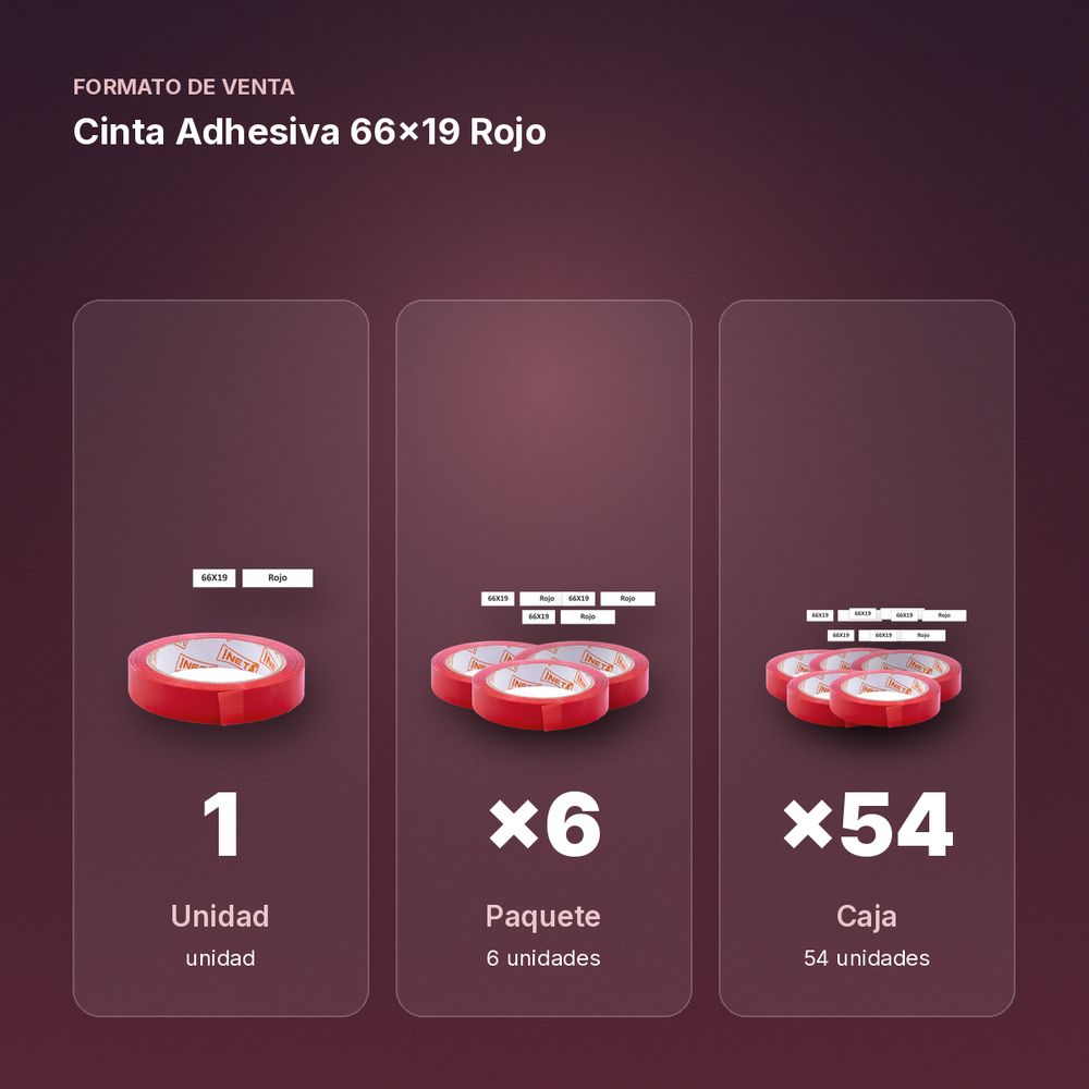 CINTA ADHESIVA 66X19 ROJO - formato de venta: paquete de 6, caja de 54