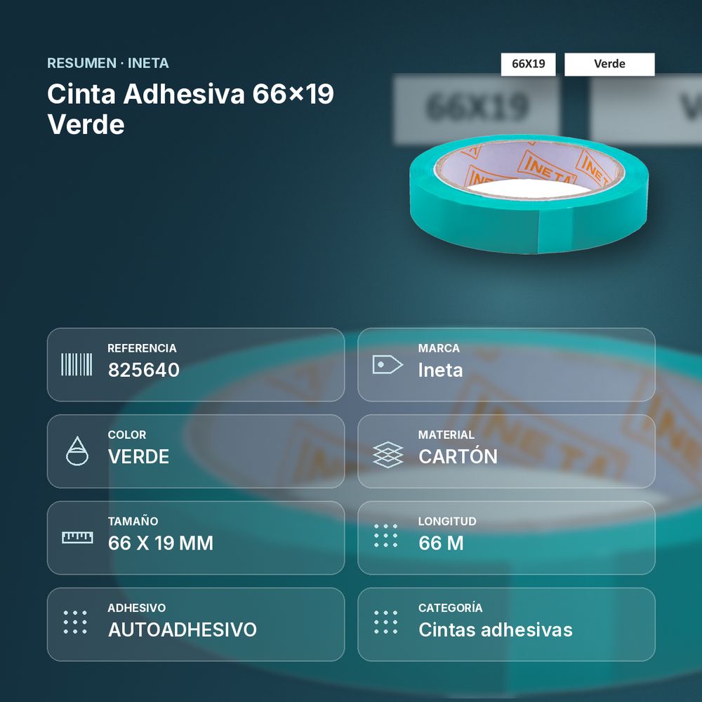 CINTA ADHESIVA 66X19 VERDE - resumen de atributos