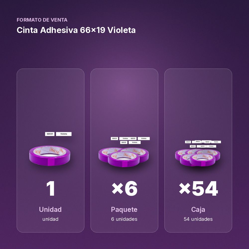 CINTA ADHESIVA 66X19 VIOLETA - formato de venta: paquete de 6, caja de 54