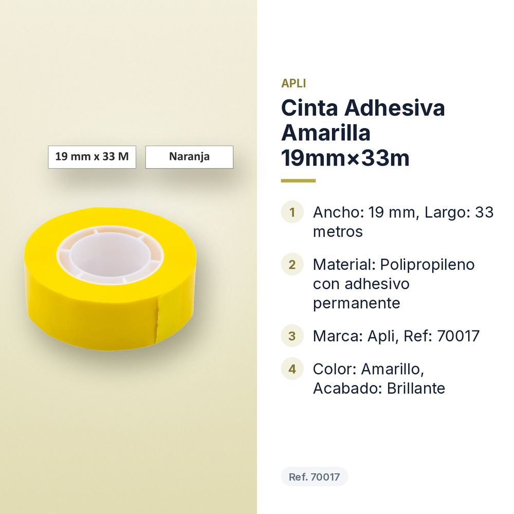 CINTA ADHESIVA AMARILLA 19MM×33M  - características principales