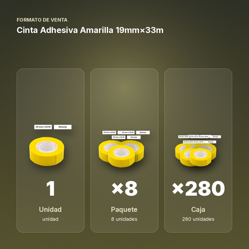 CINTA ADHESIVA AMARILLA 19MM×33M  - formato de venta: paquete de 8, caja de 280, palé de 6720