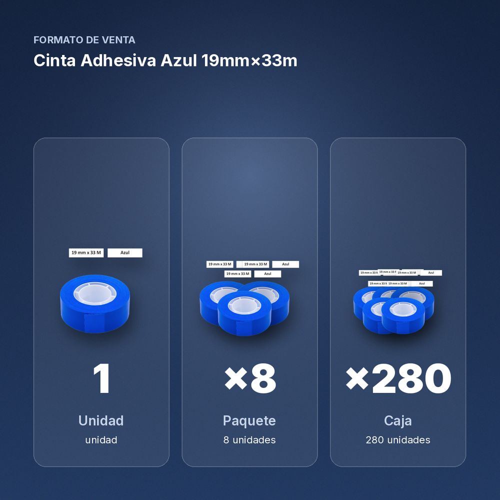 CINTA ADHESIVA AZUL 19MM×33M  - formato de venta: paquete de 8, caja de 280, palé de 6720