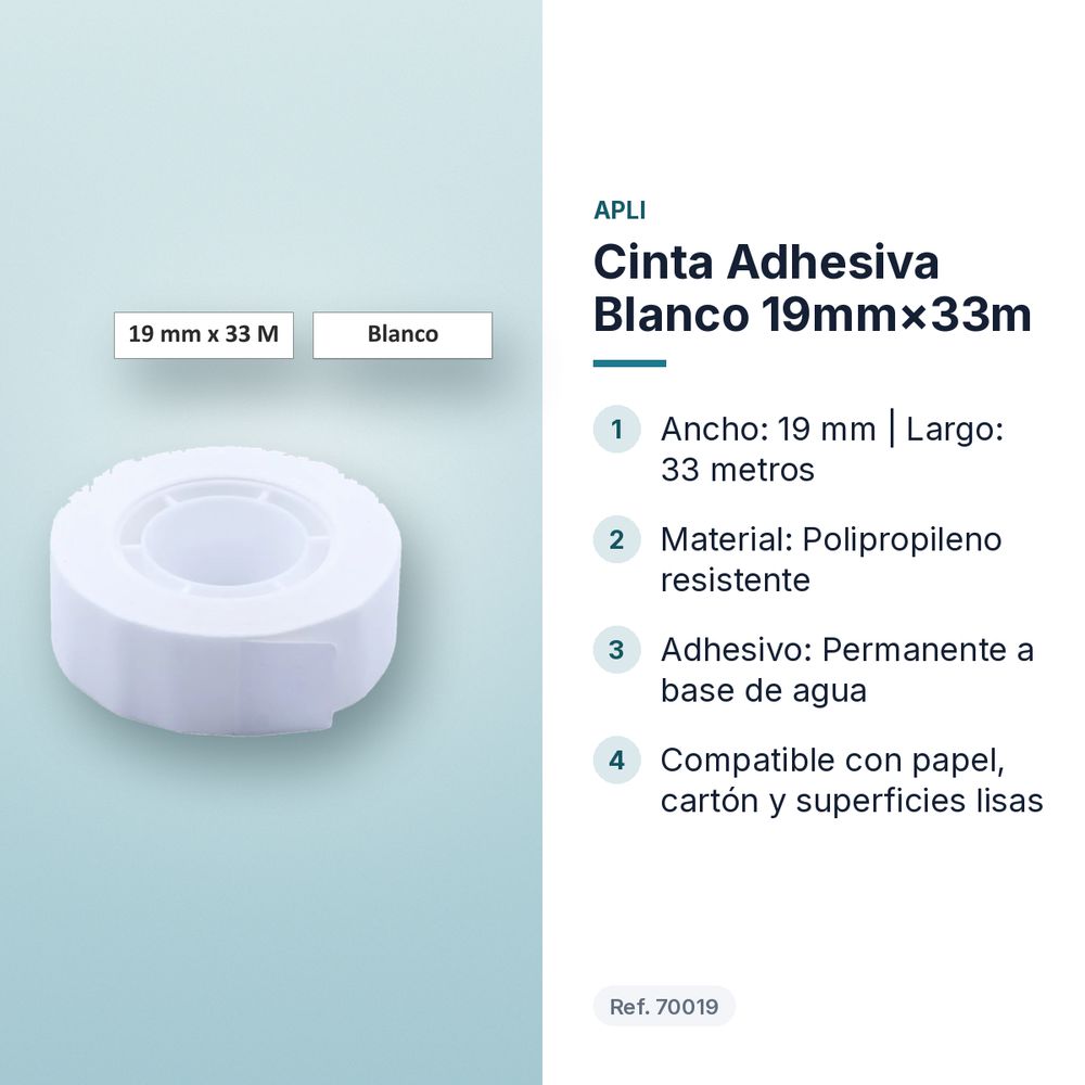 CINTA ADHESIVA BLANCO 19MM×33M  - características principales